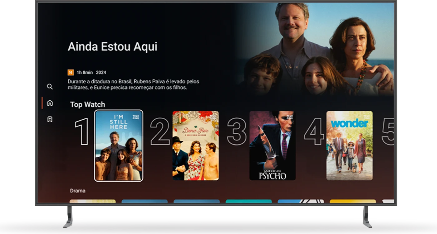 Demonstração do Watch em uma Smart TV, com seleção de filmes em destaque