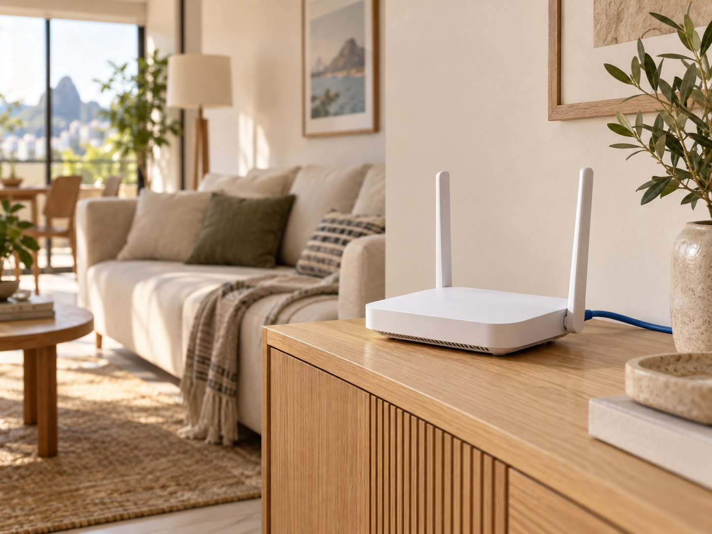 Roteador Wi-Fi ilustrativo em uma sala de estar